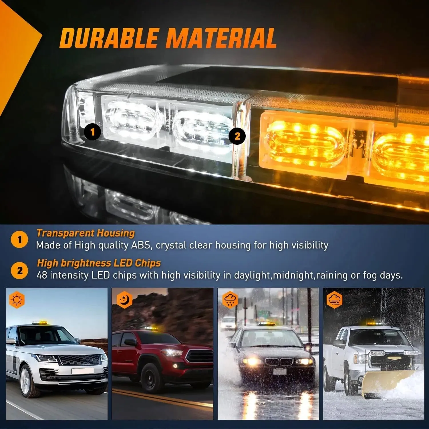 12 Inch 48 Leds Roof Top Amber White Emergency Strobe Light