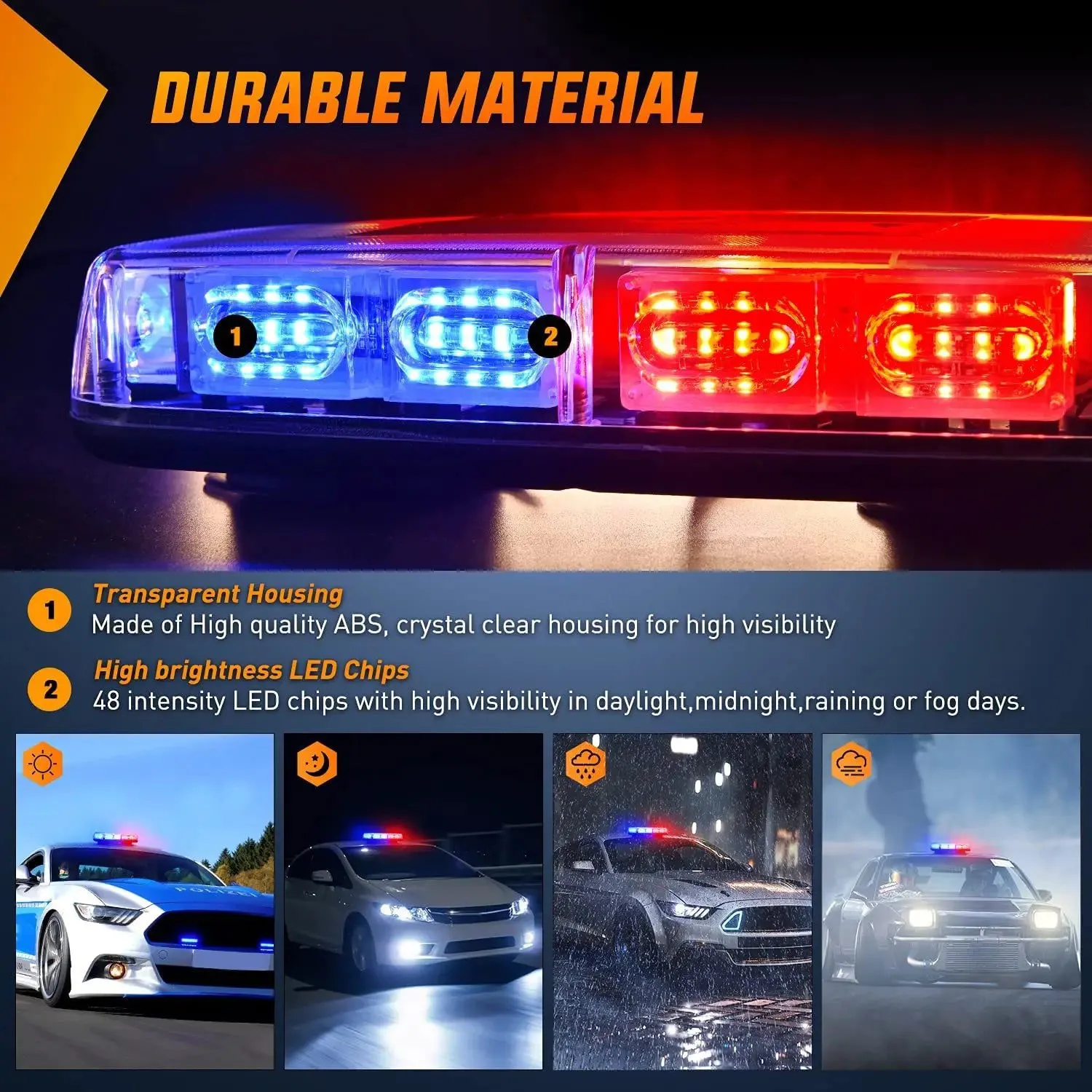 12 Inch 48 Leds Roof Top Blue Red Emergency Strobe Light