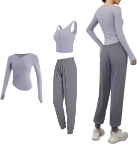 3-Piece Workout Outfit For Women, Long Sleeve, Sleeveless Tank & Jogger Pants Set, Ideal For Fitness, Yoga & Running, Breathable, Flexible, Available In Multiple Sizes & Colors