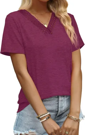 Aokosor Womens Summer Tops 2025 Trendy Crochet V Neck Tee Shirts Short Sleeve Casual