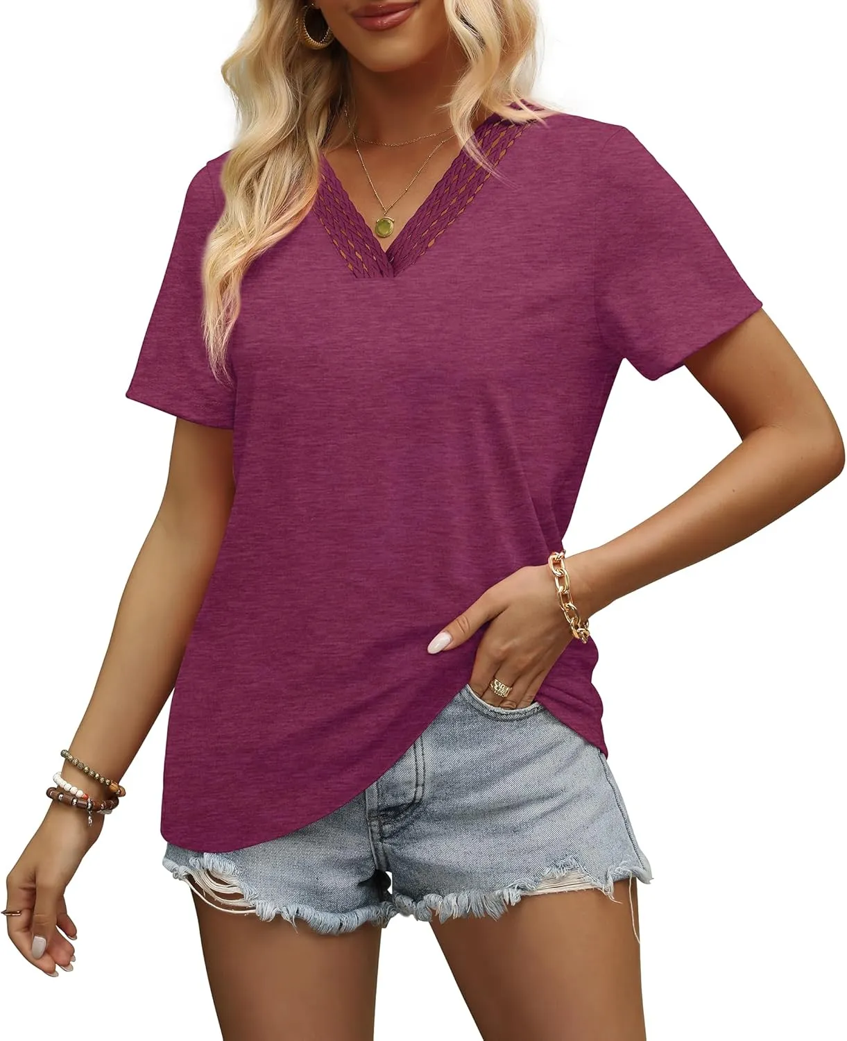Aokosor Womens Summer Tops 2025 Trendy Crochet V Neck Tee Shirts Short Sleeve Casual