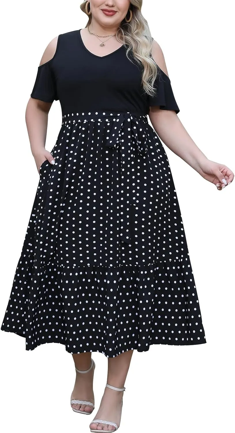 Celkuser Plus Size Summer V Neck Casual Cold Shoulder Floral Boho Dress for Women Empire Waist Cozy Sundress with Pocket
