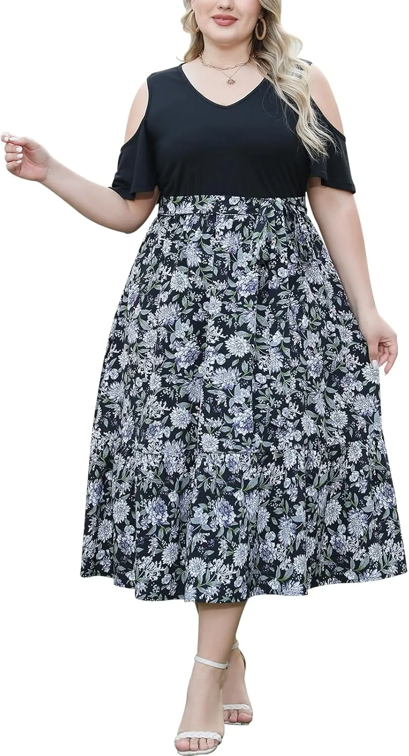Celkuser Plus Size Summer V Neck Casual Cold Shoulder Floral Boho Dress for Women Empire Waist Cozy Sundress with Pocket