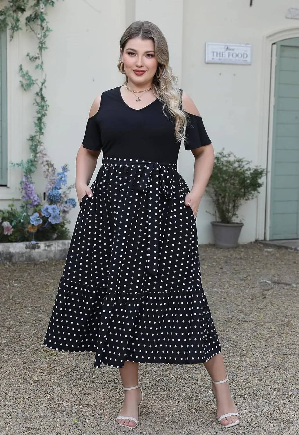 Celkuser Plus Size Summer V Neck Casual Cold Shoulder Floral Boho Dress for Women Empire Waist Cozy Sundress with Pocket