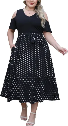 Celkuser Plus Size Summer V Neck Casual Cold Shoulder Floral Boho Dress for Women Empire Waist Cozy Sundress with Pocket