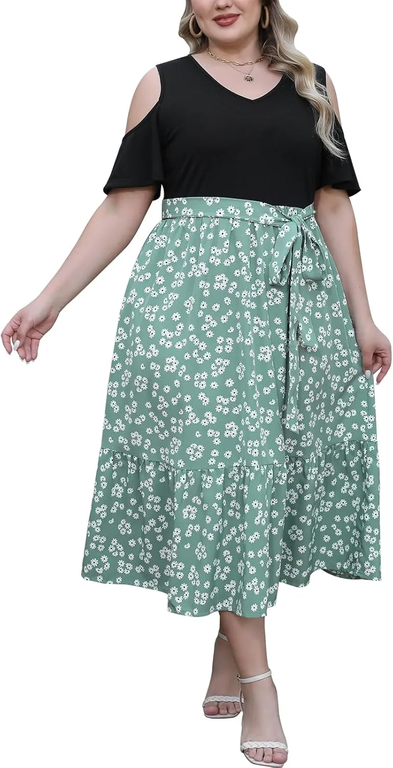 Celkuser Plus Size Summer V Neck Casual Cold Shoulder Floral Boho Dress for Women Empire Waist Cozy Sundress with Pocket
