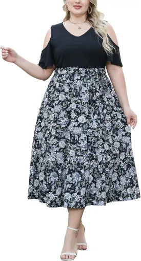 Celkuser Plus Size Summer V Neck Casual Cold Shoulder Floral Boho Dress for Women Empire Waist Cozy Sundress with Pocket