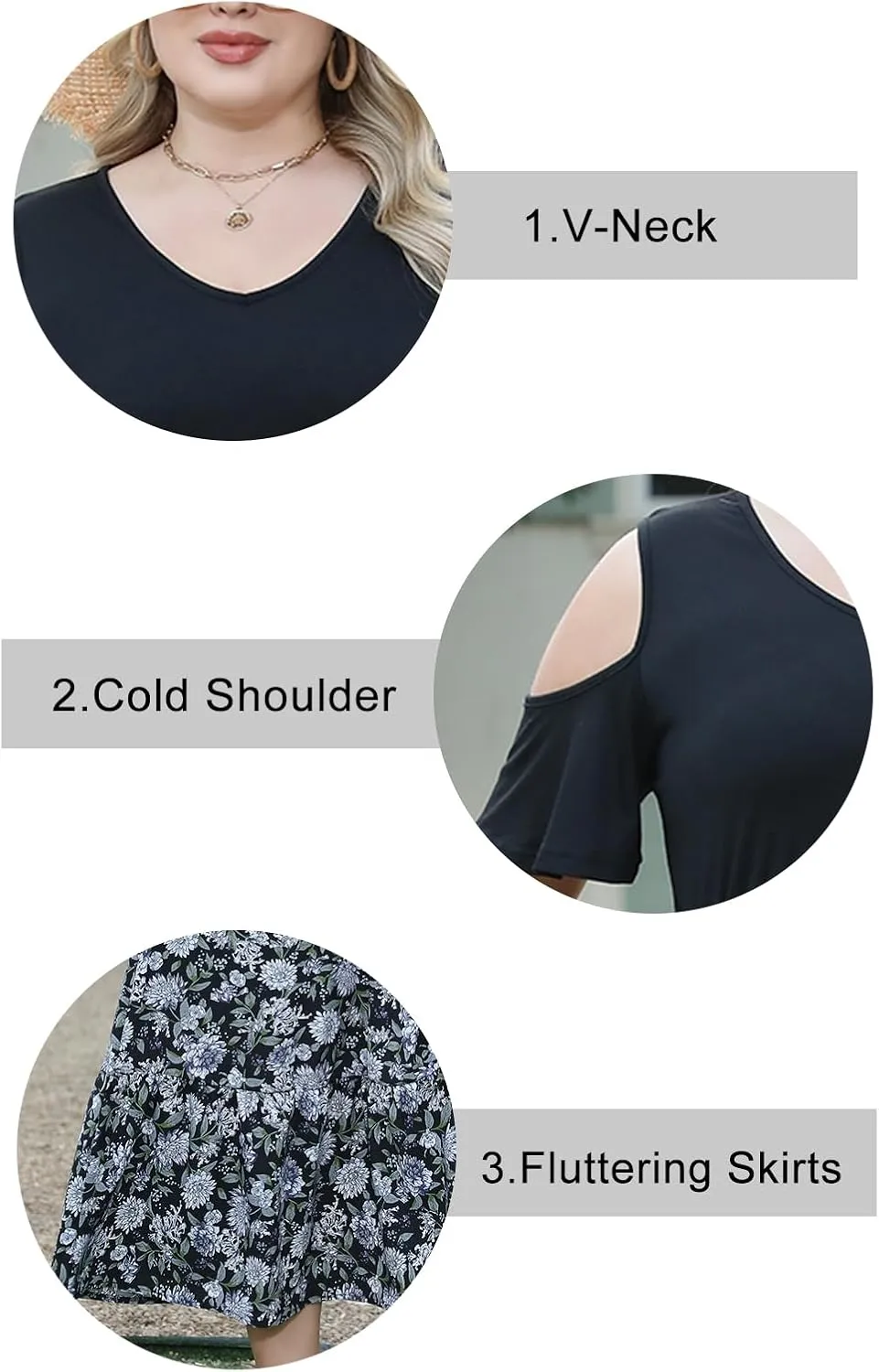 Celkuser Plus Size Summer V Neck Casual Cold Shoulder Floral Boho Dress for Women Empire Waist Cozy Sundress with Pocket