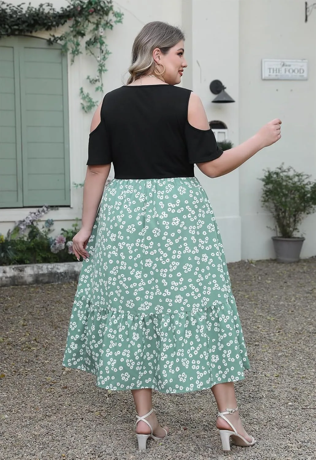 Celkuser Plus Size Summer V Neck Casual Cold Shoulder Floral Boho Dress for Women Empire Waist Cozy Sundress with Pocket