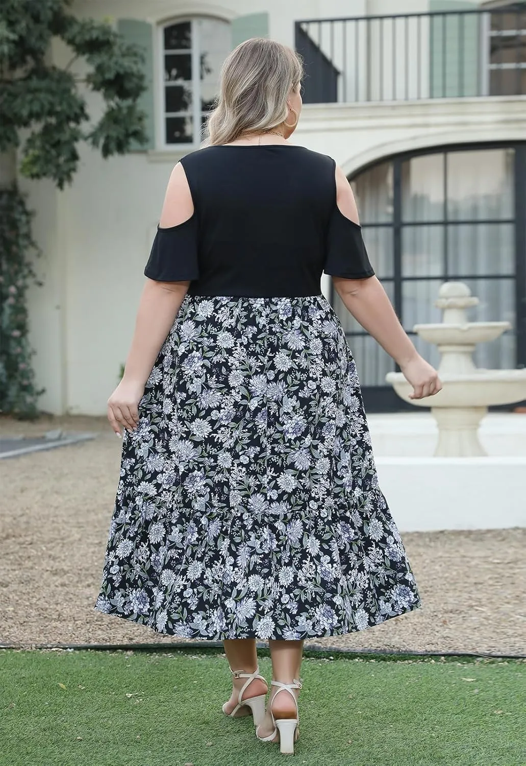 Celkuser Plus Size Summer V Neck Casual Cold Shoulder Floral Boho Dress for Women Empire Waist Cozy Sundress with Pocket