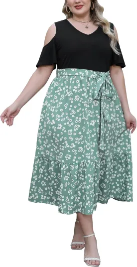 Celkuser Plus Size Summer V Neck Casual Cold Shoulder Floral Boho Dress for Women Empire Waist Cozy Sundress with Pocket