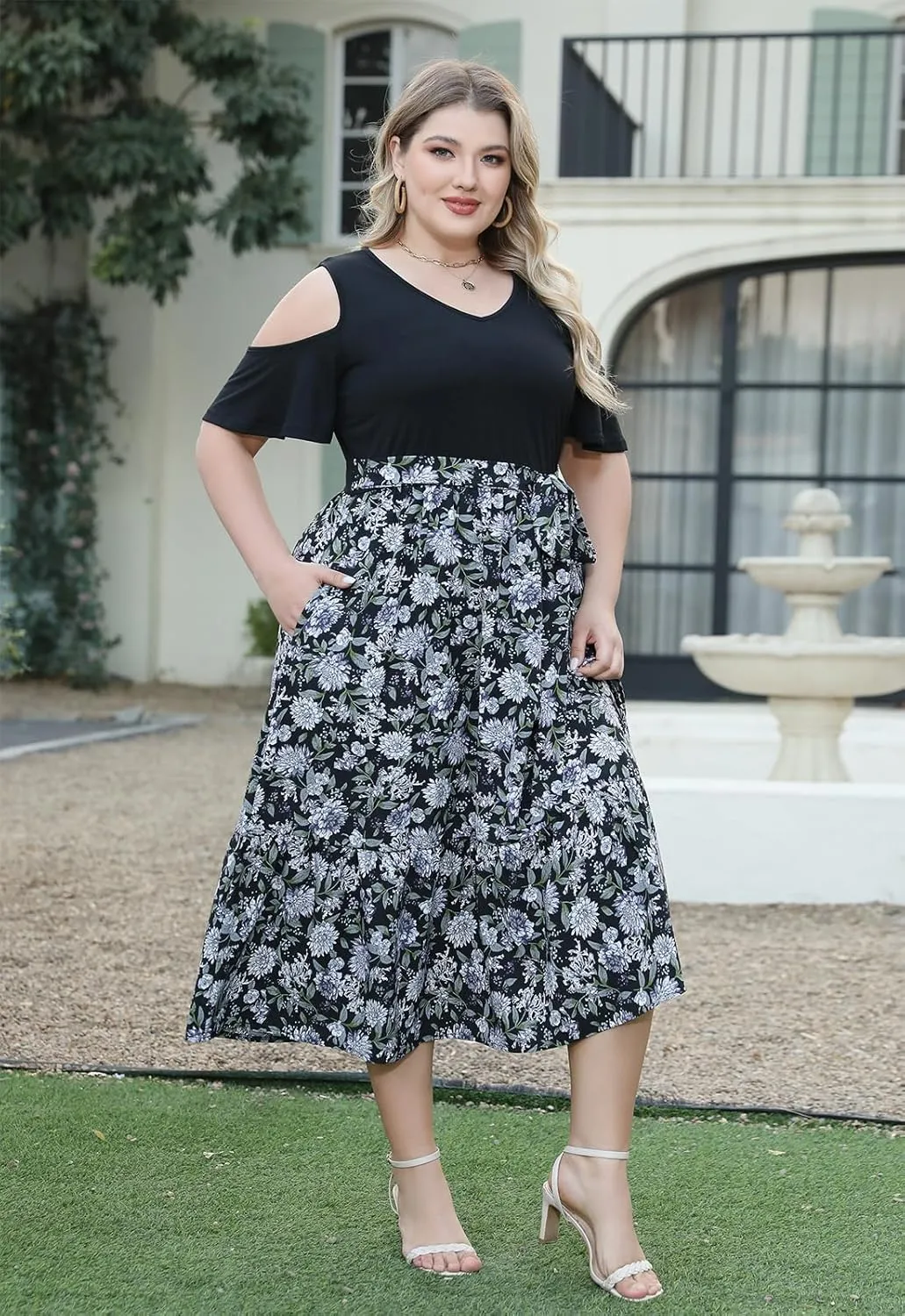 Celkuser Plus Size Summer V Neck Casual Cold Shoulder Floral Boho Dress for Women Empire Waist Cozy Sundress with Pocket