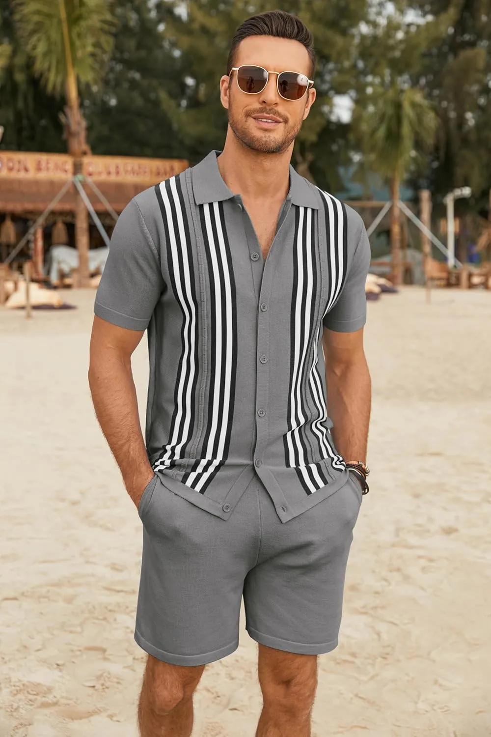 COOFANDY Men's 2 Piece Outfits Summer Short Sets Vintage Knit Button Down Shirt Short Sleeve Polo Casual Beach Suits