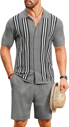COOFANDY Men's 2 Piece Outfits Summer Short Sets Vintage Knit Button Down Shirt Short Sleeve Polo Casual Beach Suits