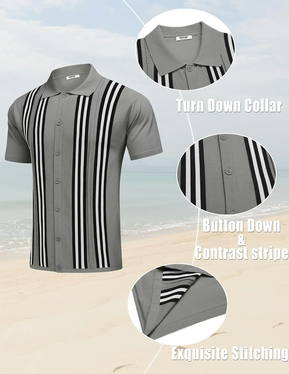 COOFANDY Men's 2 Piece Outfits Summer Short Sets Vintage Knit Button Down Shirt Short Sleeve Polo Casual Beach Suits