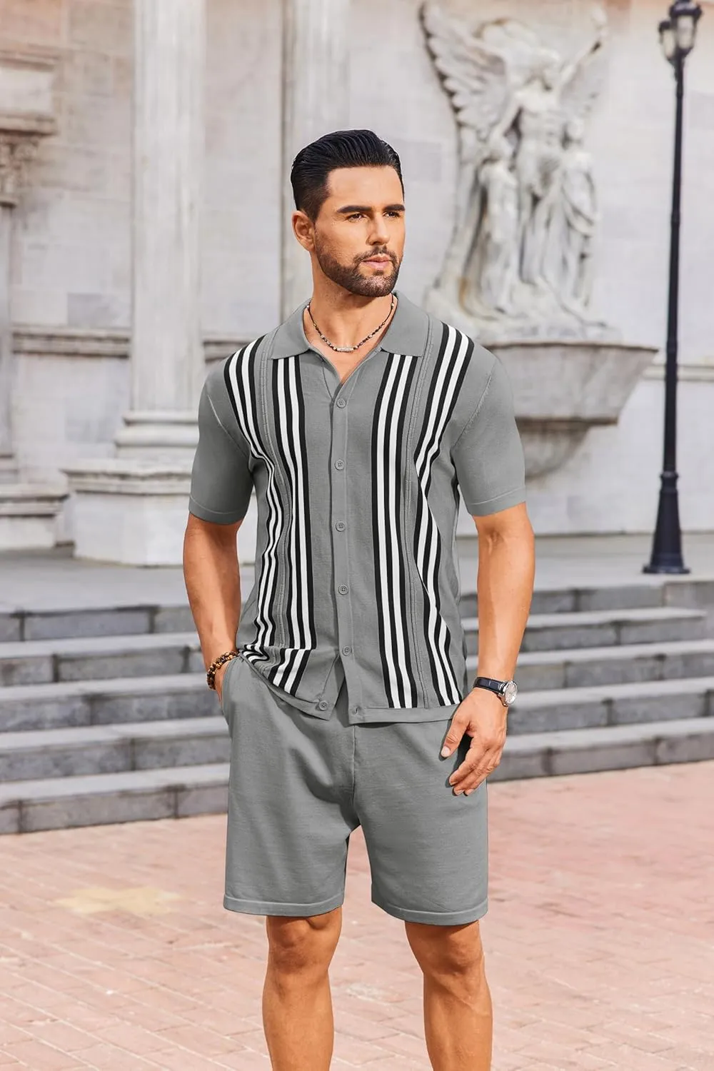 COOFANDY Men's 2 Piece Outfits Summer Short Sets Vintage Knit Button Down Shirt Short Sleeve Polo Casual Beach Suits