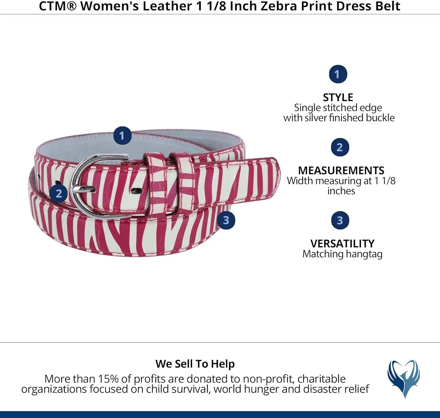 CTM Women's Leather 1 1/8 Inch Zebra Print Dress Belt