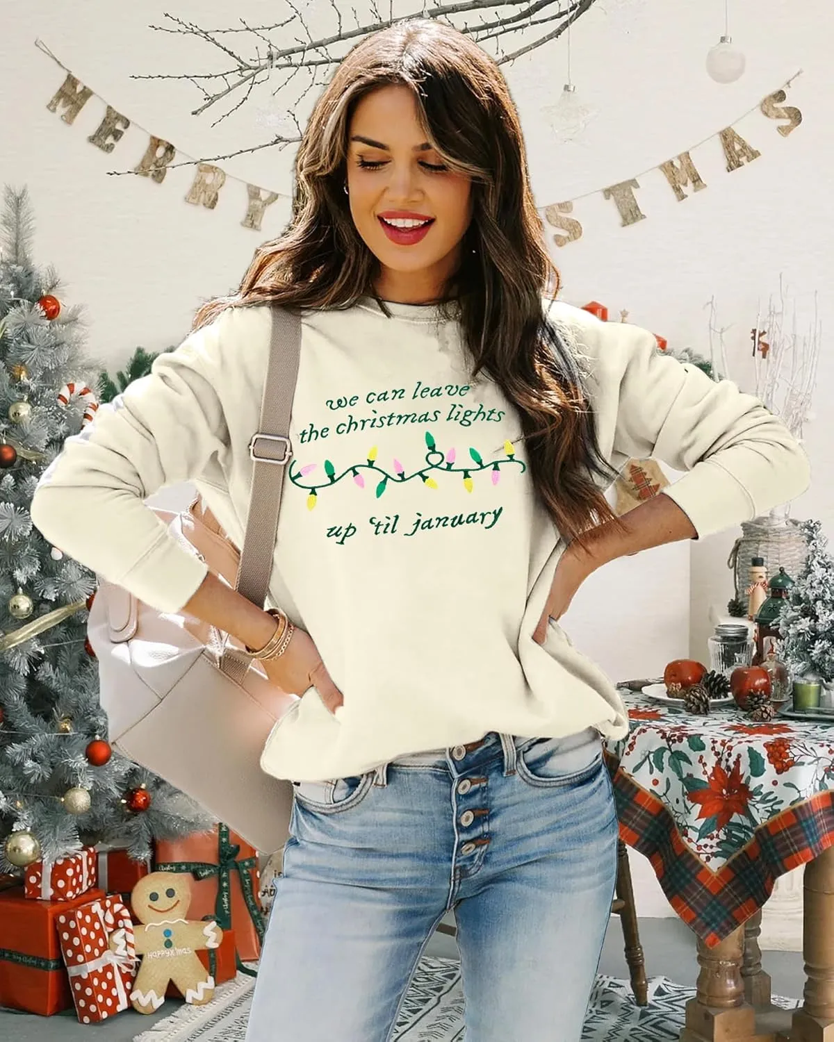 FAYALEQ Merry Christmas Sweatshirt for Women Christmas Light Long Sleeve Shirt Xmas Holiday Crewneck Pullover Tops