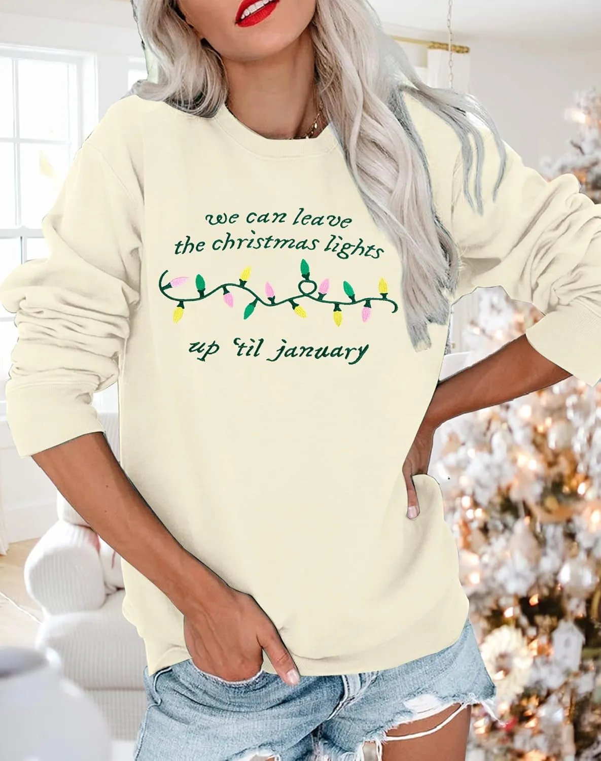 FAYALEQ Merry Christmas Sweatshirt for Women Christmas Light Long Sleeve Shirt Xmas Holiday Crewneck Pullover Tops