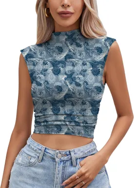 IECCP Women's Sexy Mock Neck Sleeveless Crop Tank Tops Summer Trendy Side Ruched Blouse