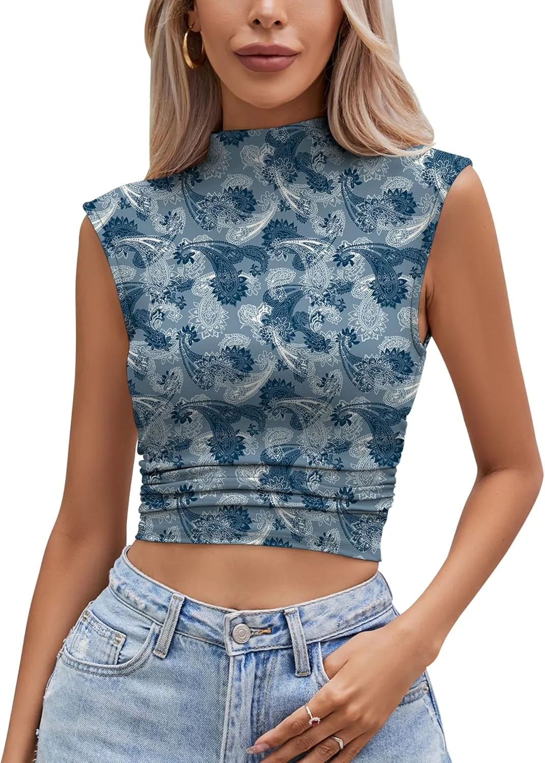 IECCP Women's Sexy Mock Neck Sleeveless Crop Tank Tops Summer Trendy Side Ruched Blouse