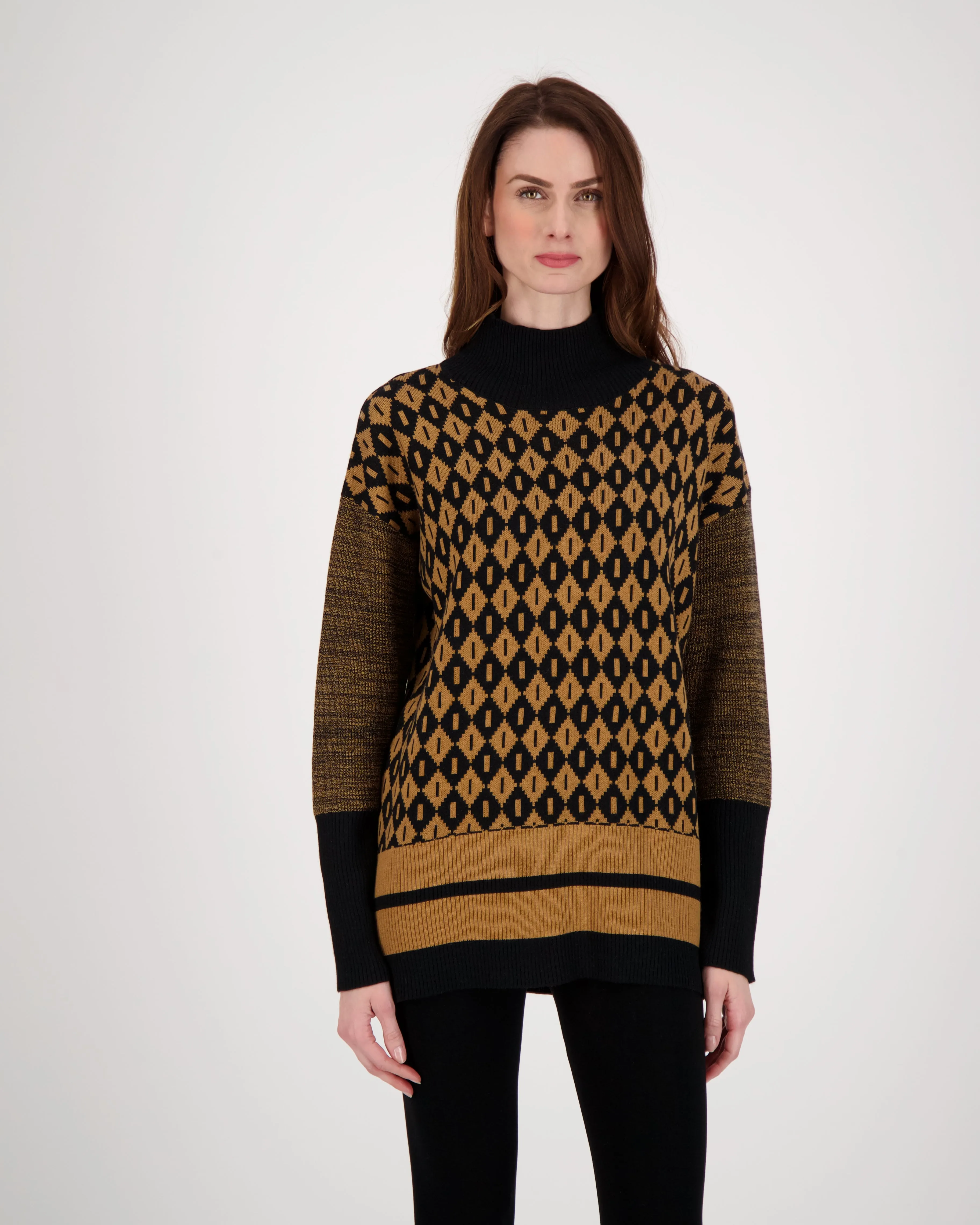 Intarsia Knit Diamond Jacquard Turtle Neck Sweater