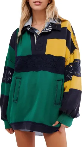 Kedera Women Oversized Sweatshirt Color Block Long Sleeve Polo Shirt Casual V-Neck Stripe Patchwork Lace Pullover Top