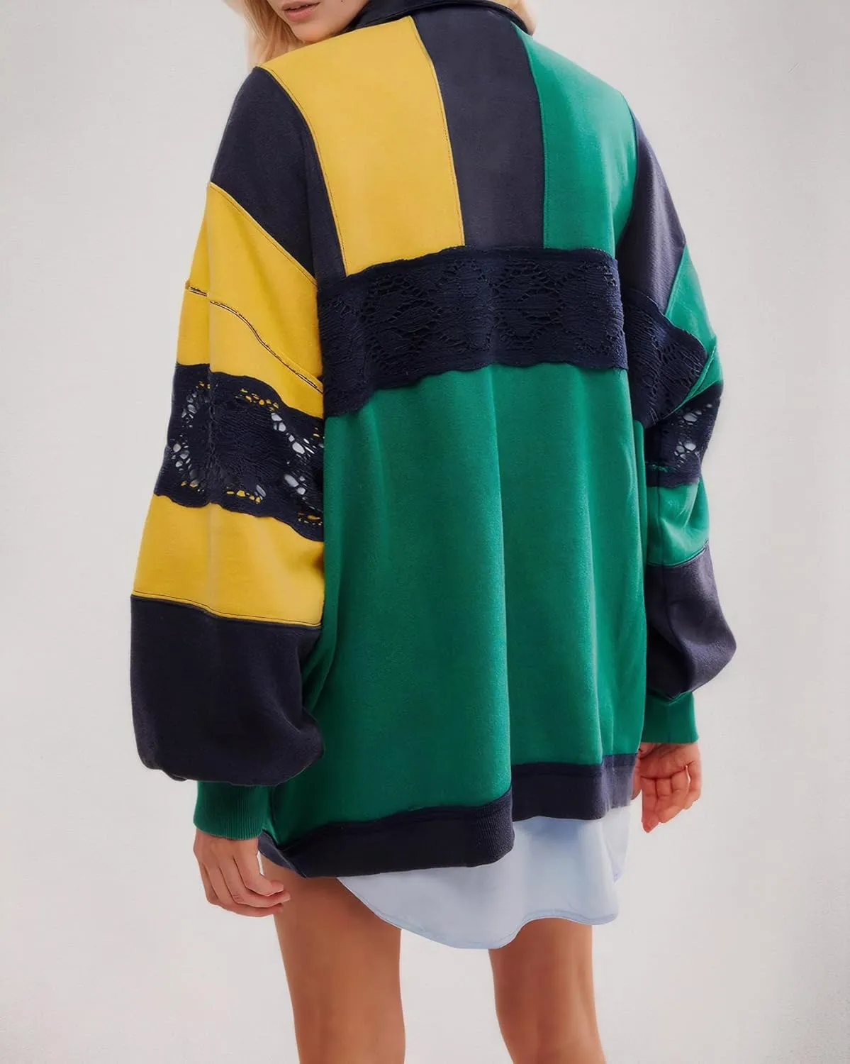 Kedera Women Oversized Sweatshirt Color Block Long Sleeve Polo Shirt Casual V-Neck Stripe Patchwork Lace Pullover Top