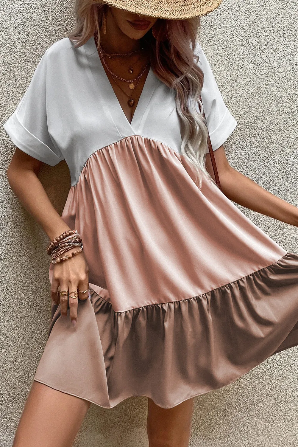 Light Beige Tiered Colorblock V Neck Loose Short Dress