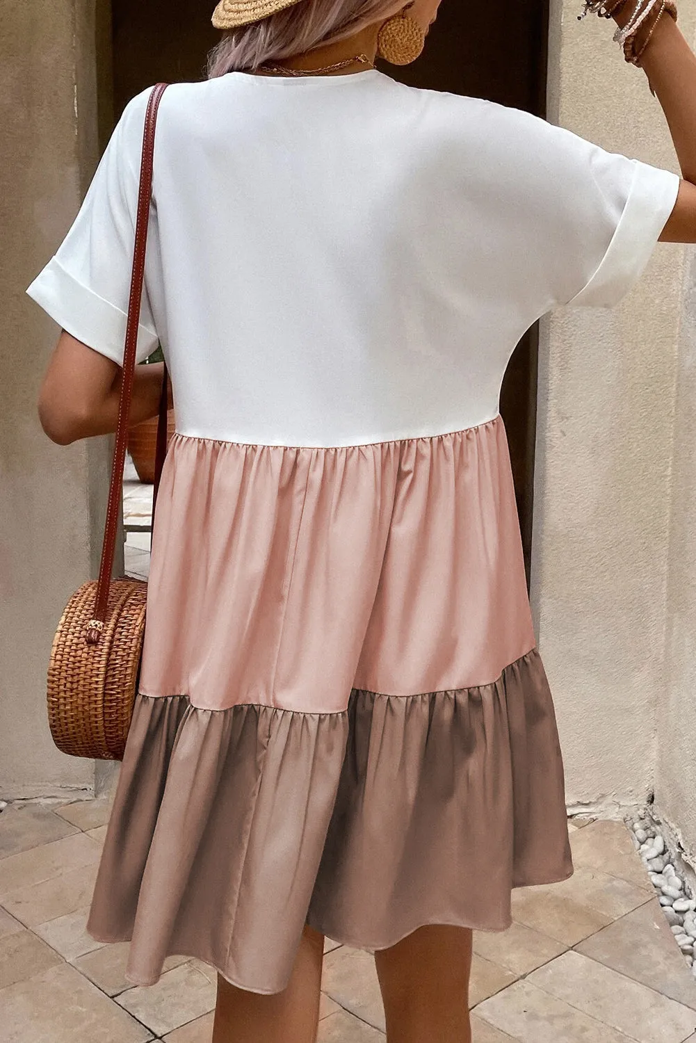 Light Beige Tiered Colorblock V Neck Loose Short Dress