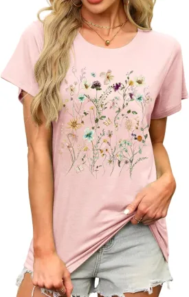 MAPICK Women's Floral Graphic Tees Short Sleeve Casual T-Shirts Boho Style Cute Summer Loose Fit Tops