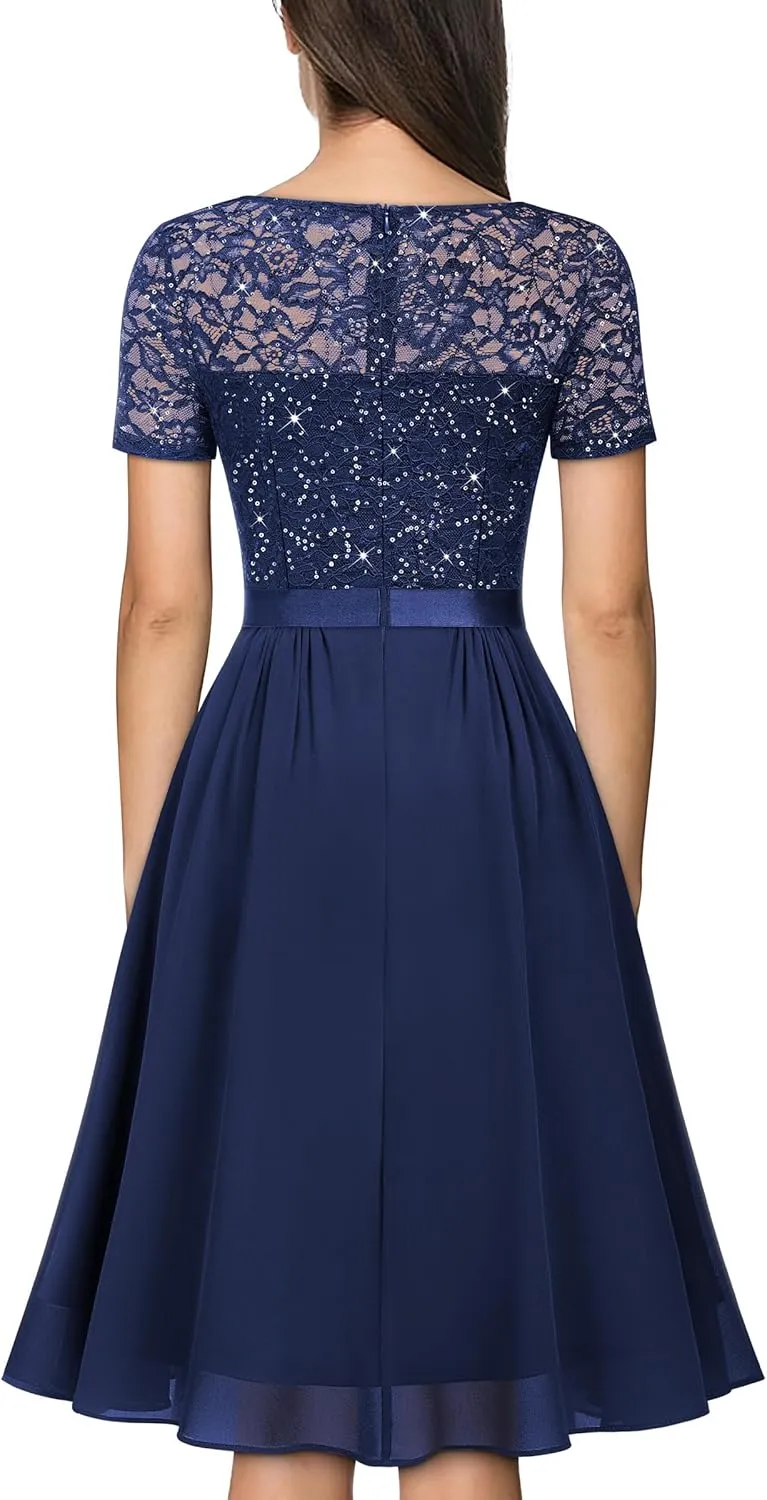 MISSMAY Women's Elegant Style Sequin Lace A-Line Cocktail Party Dress