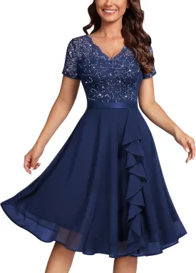 MISSMAY Women's Elegant Style Sequin Lace A-Line Cocktail Party Dress
