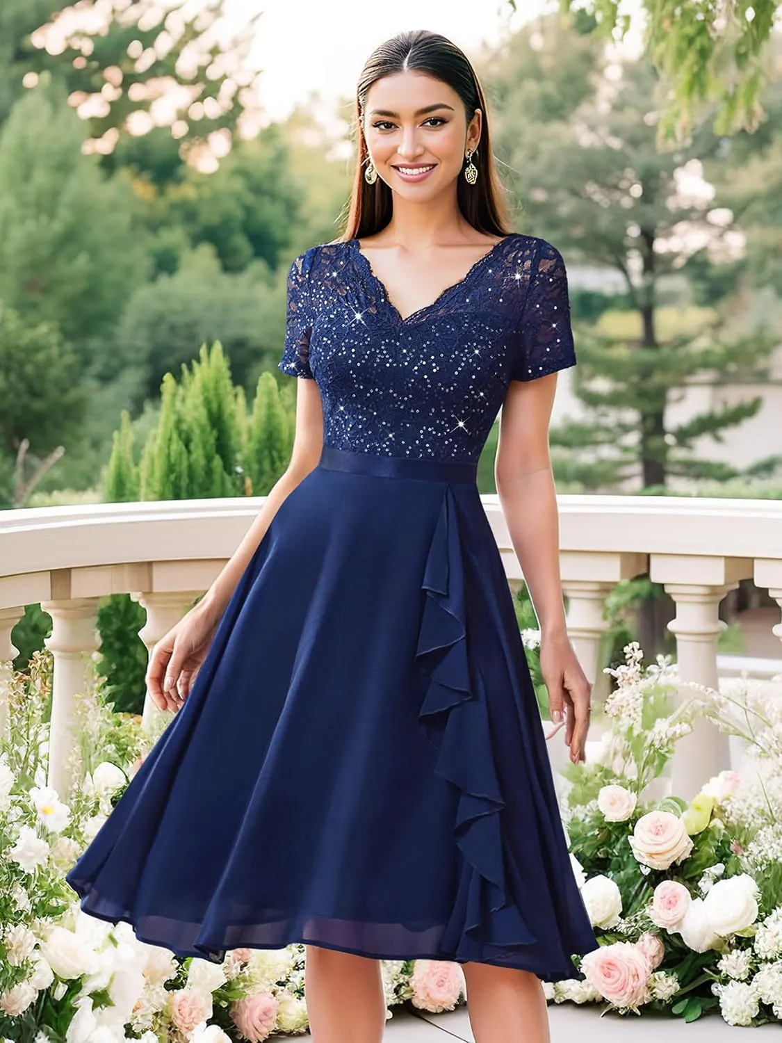 MISSMAY Women's Elegant Style Sequin Lace A-Line Cocktail Party Dress