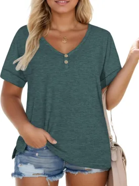 ROSRISS Plus Size Tops for Women Casual V-Neck Side Split Blouses Loose Fit Short Sleeve Tees Summer Cozy Buttons Shirts