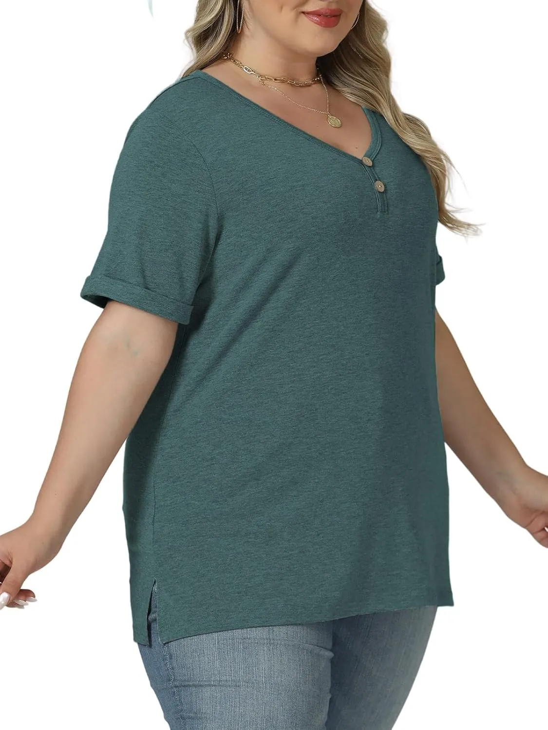 ROSRISS Plus Size Tops for Women Casual V-Neck Side Split Blouses Loose Fit Short Sleeve Tees Summer Cozy Buttons Shirts