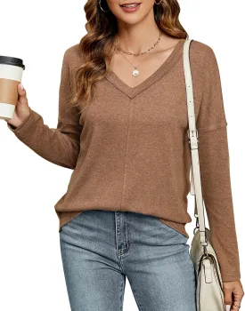 SimpleFun Women's V Neck Long Sleeve Shirts Casual Drop Shoulder Trendy Fall Tunic Tops