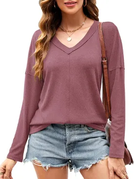 SimpleFun Women's V Neck Long Sleeve Shirts Casual Drop Shoulder Trendy Fall Tunic Tops