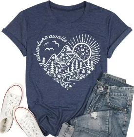 T&Twenties Women Adventure Awaits Mountain T Shirt Summer Camper Hiking Printed Hike Mountain Tree Graphic Travel Tee Shirt