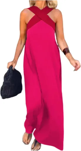 Women's Cross Halter Neck Sleeveless Stitching Dress, Trendy Causal Summer Beach Long Dress