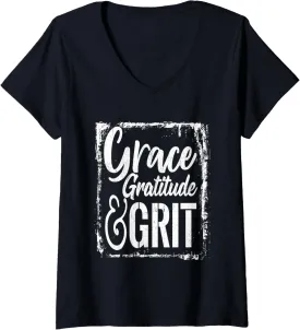 Womens Grace Gratitude And Grit Positive Inspirational Message V-Neck T-Shirt
