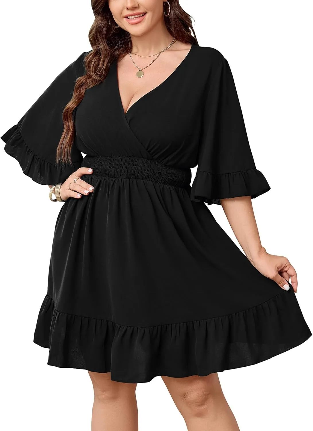 Women's Plus Size Wrap Dress V Neck Ruffle Sleeve Smock Boho Casual Summer Mini Short Dress