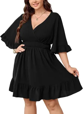 Women's Plus Size Wrap Dress V Neck Ruffle Sleeve Smock Boho Casual Summer Mini Short Dress