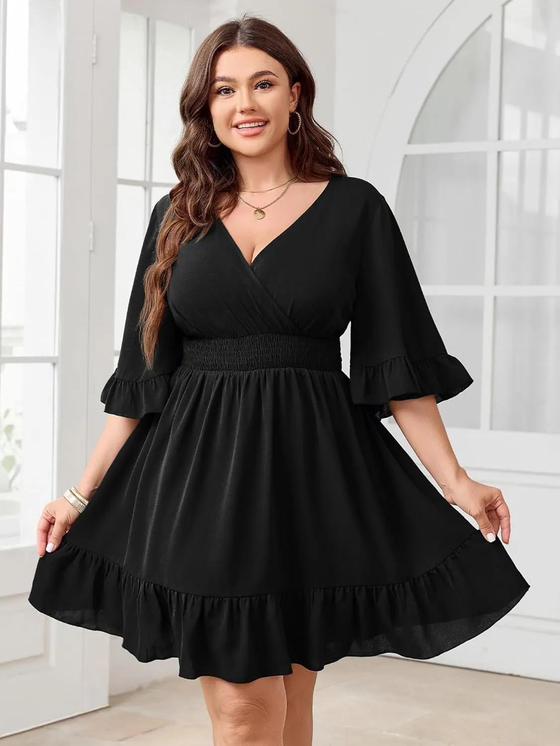 Women's Plus Size Wrap Dress V Neck Ruffle Sleeve Smock Boho Casual Summer Mini Short Dress