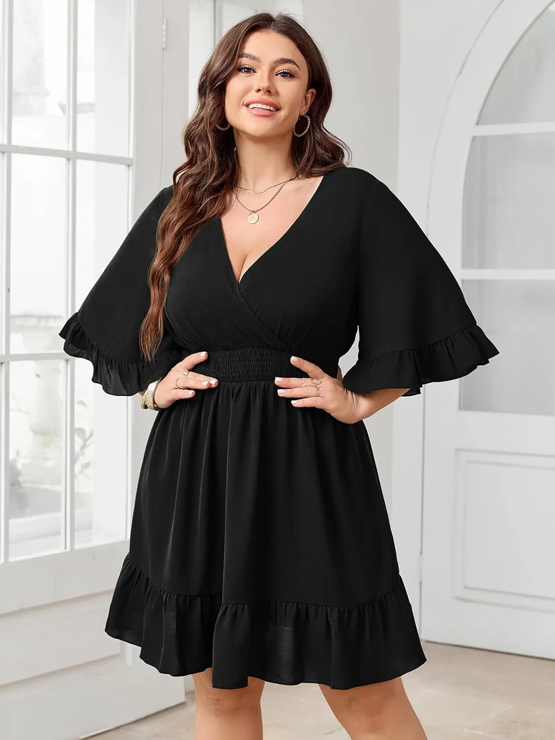 Women's Plus Size Wrap Dress V Neck Ruffle Sleeve Smock Boho Casual Summer Mini Short Dress