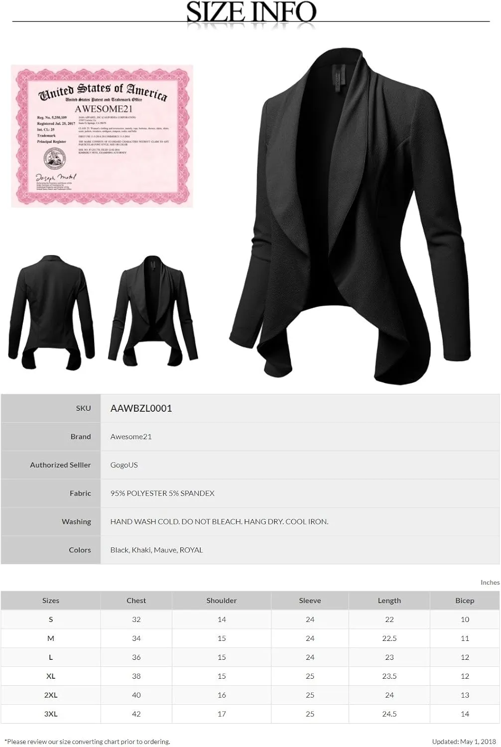Women's Solid Formal Office Style Open Front Long Sleeves Blazer - Made in USA