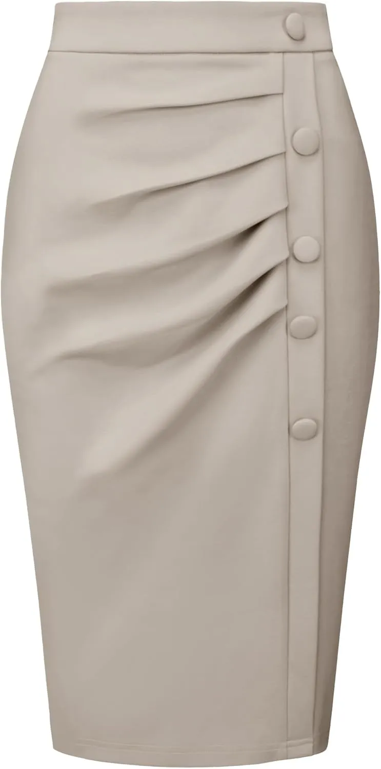 Women's Wear to Work Pencil Skirt Elastic High Waist Ruched Bodycon Midi Skirts