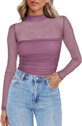 Zeagoo Women's Sexy Mock Turtle Neck Long Sleeve Tops Sheer Mesh Ruched Trendy Going Out Shirts Blouse