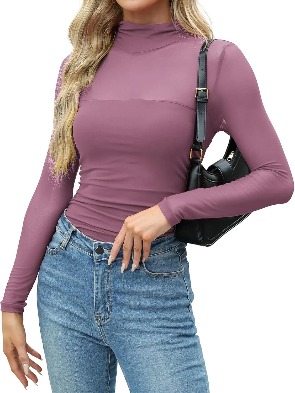 Zeagoo Women's Sexy Mock Turtle Neck Long Sleeve Tops Sheer Mesh Ruched Trendy Going Out Shirts Blouse